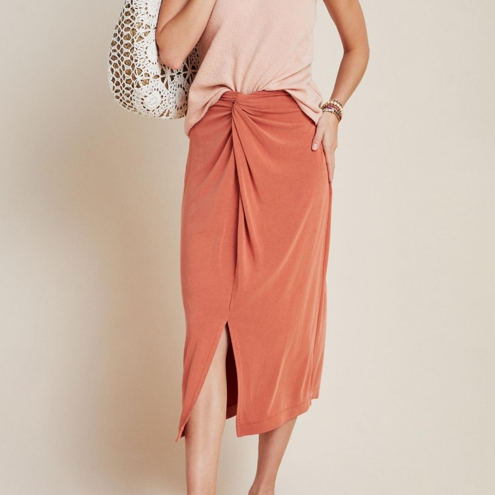Anthropologie Terra Cotta Twist Front Junie Midi Skirt